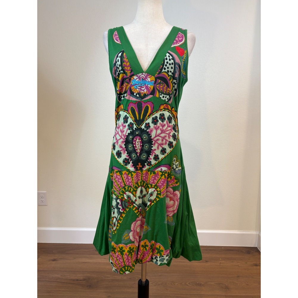 Desigual Beaded Embroidered Bubble Dress L Green Boho Floral Artsy Indie sleeze
